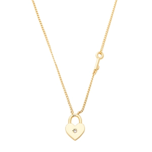 Golden heart lock pendant necklace with key charm and zircon inlay on white background