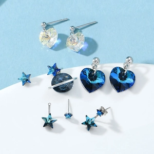Starry sky blue Austrian crystal stud earring set with star and heart designs in silver