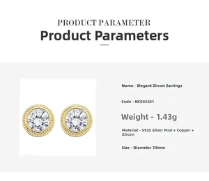 Detailed product parameters of round zircon stud earrings with S925 silver needle
