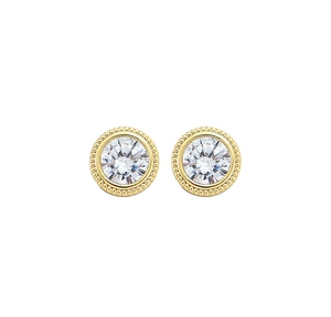 Close-up of S925 silver needle stud earrings with round zircons and gold milgrain edges