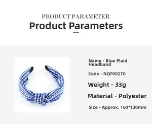 Blue and white plaid fabric headband with knot design and detailed product dimensions
