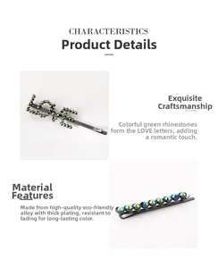 Détails des barrettes avec strass verts et design de lettres LOVE en dégradé perlé