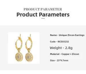 Detailed size and weight specs for geometric golden earrings with zircons
