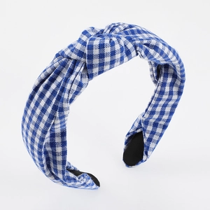 Blue and white gingham knotted headband for women with classic plaid fabric design