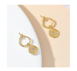 Close-up of S925 needle gold earrings featuring star-set zircon and coin relief