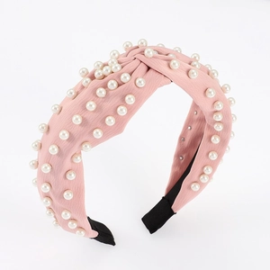 Elegant Vintage Twist Knot Fabric Headband For Women Artificial Pearl Gingham Stripe Wide Hairband Lady Fashion Hair Accessories