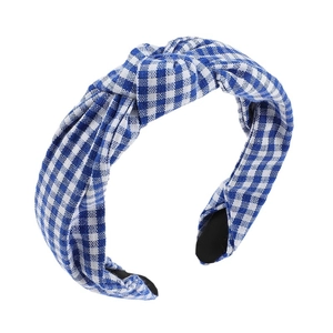 Retro blue and white gingham knotted headband for women with non-slip black lining