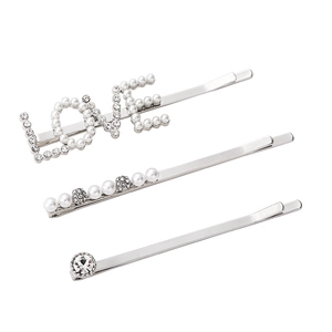 Set de 3 barrettes argentées avec perles, strass et design de lettres LOVE