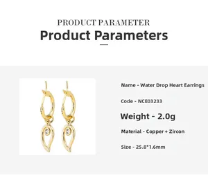 Detail view of drop heart earrings with gold plating, zircon inlay, and 25.8mm size