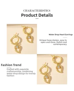 Detail of gold hoop earrings with water drop pendants and clear round zircon crystals