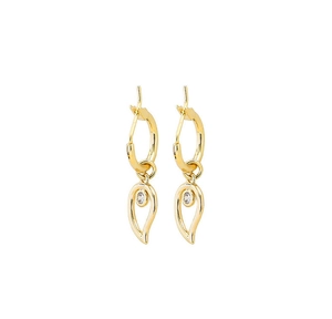 Detail view of gold-plated geometric hoop earrings with sparkling zircon leaf charm