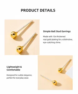 Detail showing 10K gold plated ball stud earrings with premium metallic finish