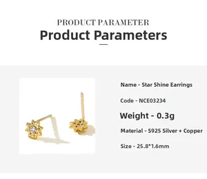 Detail view of gold star-shaped stud earrings with cubic zirconia and S925 silver needles