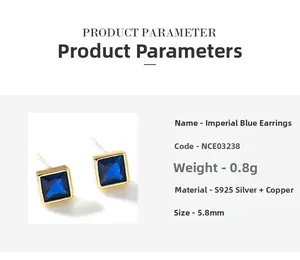 Detailed product dimensions and specifications for the square blue stone earring stud