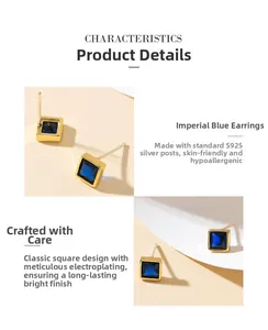 Macro detail of square royal blue gemstone earrings with S925 silver needles