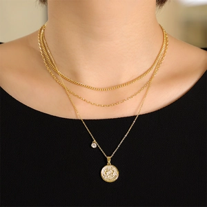 Vintage Kupfer Vergoldete Mehrlagige Halskette Damen Sternzeichen Münzanhänger Zirkonia Akzente Sternbild Schmuck Geschenk