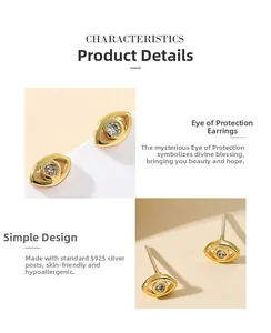 Detail of S925 sterling silver evil eye stud earrings with sparkling cubic zirconia