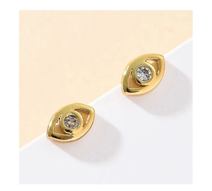 Close-up of S925 silver needle Evil Eye stud earrings with gold finish and zircon