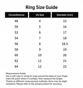 Ring size guide chart showing US sizes 4 to 12 with inner diameter and circumference