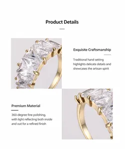 Detail of gold plated ring featuring row of rectangular zircon stones and prong setting