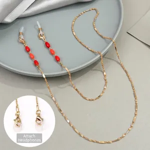 Chaîne Multifonctionnelle en Cuivre Plaqué Or Avec Perles de Corail Naturel Cordon Anti-Perte Élégant Pour Lunettes Masque Femmes