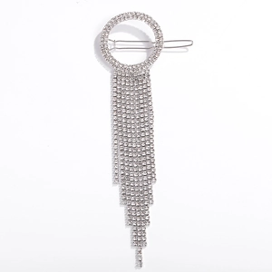 Silver rhinestone tassel hair clip with geometric circular design and long fringe strands