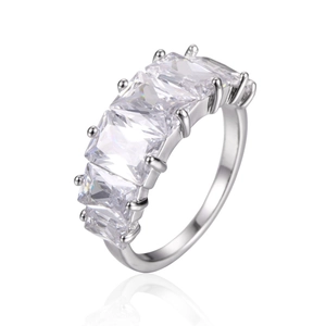 Elegant silver ring featuring five rectangular-cut sparkling zircons in a claw setting