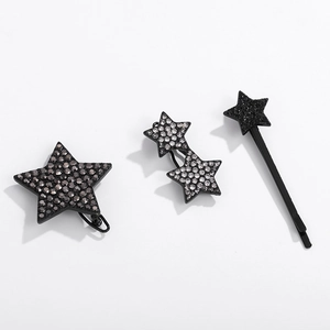 Ensemble de 3 barrettes étoiles noir mat avec strass gris pour femmes élégantes