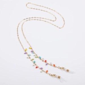 Colorful mixed bead eyewear chain with gold links and anti-slip silicone rings