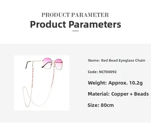 Detail specifications of 80cm gold copper chain with red rice beads for glasses