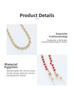 Three-in-one multifunctional chain with ruby red beads and gold heart-shaped links