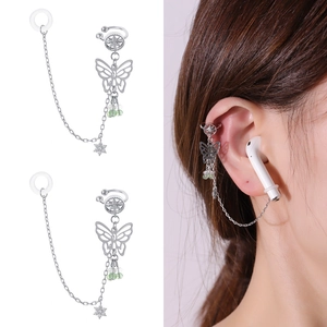 Detail of silver butterfly anti-lost chain for wireless earbuds with zirconia accents