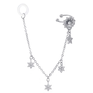 Silver daisy ear cuff with star charms and silicone loops for wireless earphones