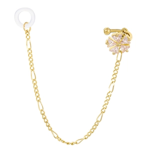 Elegant gold chain earring with pink zircon flower and anti-lost silicone loop for earphones