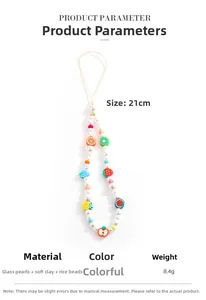 Detail of 21cm fruit beaded phone lanyard with pearls and colorful polymer clay charms