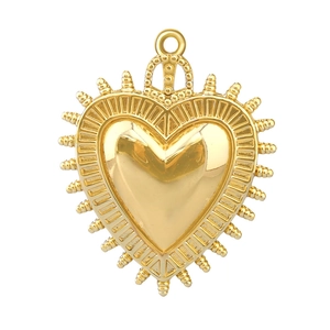 Polished gold 3D heart pendant with radiant sunburst spike border and round bail link
