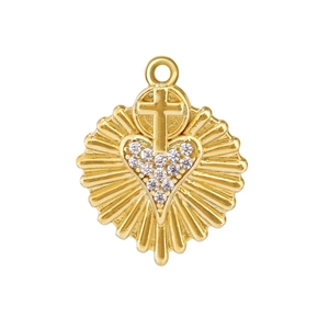 Detail of gold plated heart pendant with zircon stones and cross symbol engraving