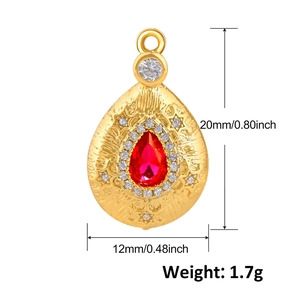 Detailed view of teardrop pendant with red gemstone and dimensions marking 20mm height