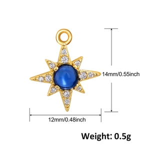 Gold eight-pointed star pendant with blue gemstone and white rhinestones, 14mm size