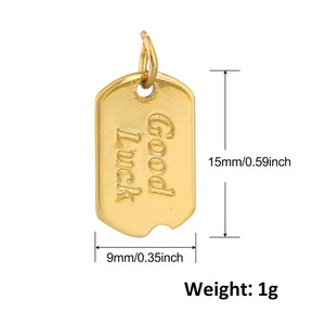 Detail showing 15mm by 9mm Good Luck rectangle gold charm with precise measurements