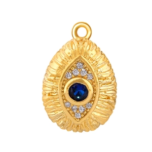 Gold plated evil eye pendant with blue central stone and sparkling zircon accents