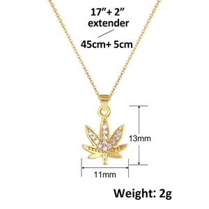Gold plated maple leaf pendant necklace with zircon stones on thin O-link chain for women