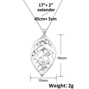 Detailed view of silver leaf pendant with hollow design and measurements of 16mm by 10mm