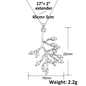 Detailed size chart of the gold-plated branch pendant necklace with leaf dimensions