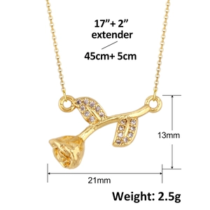 Detailed view of gold rose pendant with dimensions showing 13mm by 21mm size