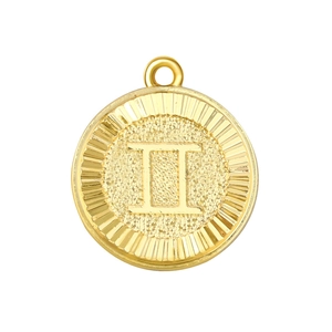 Vintage gold Gemini zodiac coin pendant with Roman numeral II and sunburst edge