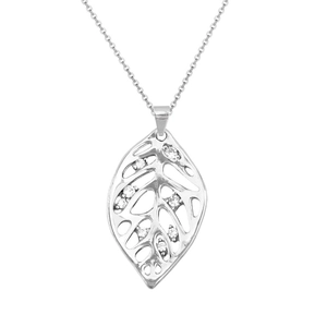 Silver leaf pendant necklace with hollowed texture and sparkling zircon accents