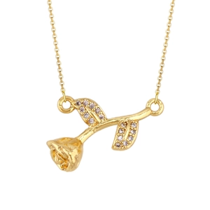 Elegant gold plated rose pendant necklace with zircon leaves on a delicate chain