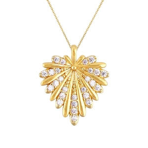 Elegant gold heart pendant necklace with radial texture and sparkling stones on white backdrop