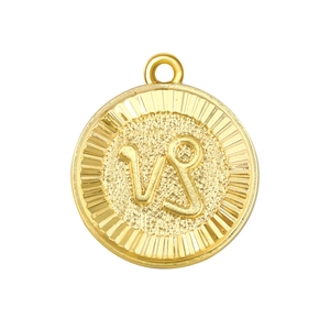Gold Capricorn zodiac pendant necklace with a hammered texture and solar sunburst edge